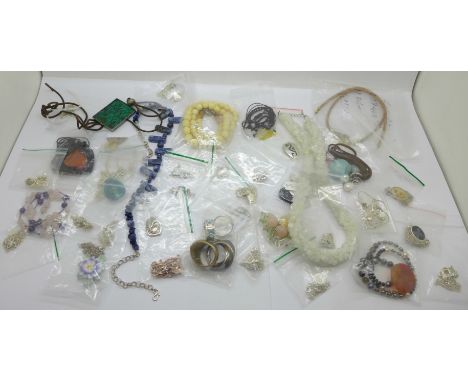 Costume jewellery including a silver mounted opal set butterfly pendant and other silver 