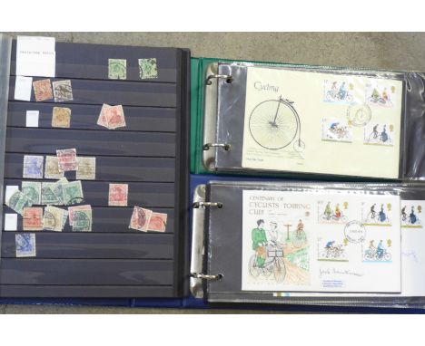 Two folders of Cycling first day covers, including some signed, including Tony Doyle and Reg Harris, Cycling cigarette cards 