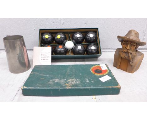 Carpet bowls, a '19th Hole' mug and a carving **PLEASE NOTE THIS LOT IS NOT ELIGIBLE FOR POSTING AND PACKING** 
