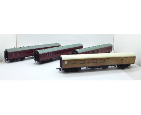 Four OO gauge railway coaches including Tri-ang and Bachmann 