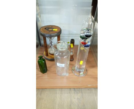 VINTAGE "SPOOL" TIMER, GREEN BOTTLE ETC (5)