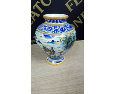 VINTAGE MAJOLICA VASE ' FOX IN LANDSCAPE ' ( SOME CHIPS TO FOOT )