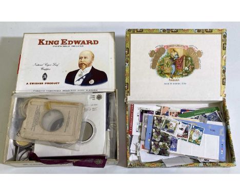 Cigar box of mainly commemorative five pound coins and crowns, a fine silver Birmingham Mint Queens Guards medal plus a box o