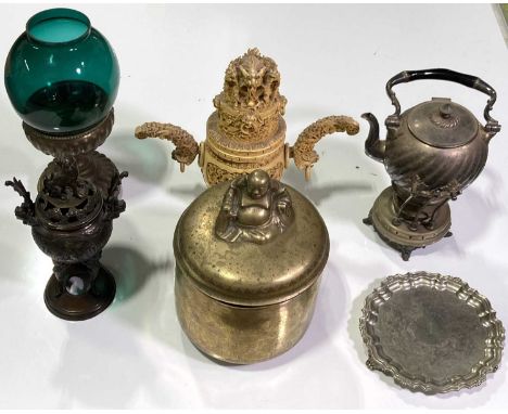 Six items to include a lamp, ice bucket, teapot and oriental ware to include a lidded and intricately carved piece in bone.