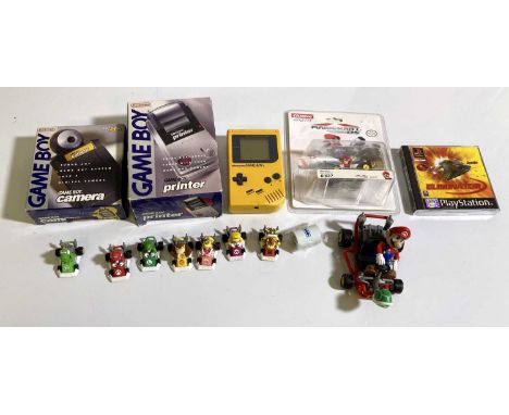 Mixed lot to include yellow Game Boy, boxed Game Boy Printer, Game Boy Camera, nine Mariokart toy figures including boxed DS 