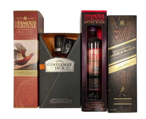 Four boxed bottles of whisky: Famous Grouse Ruby Cask, Johnnie Walker Double Black, Jack Daniels Gentleman Jack, Famous Grous