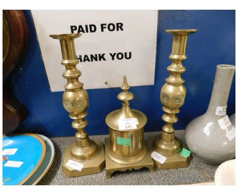 PAIR OF BRASS CANDLESTICKS TOGETHER WITH A FURTHER TRENCH ART TOBACCO JAR (2)   