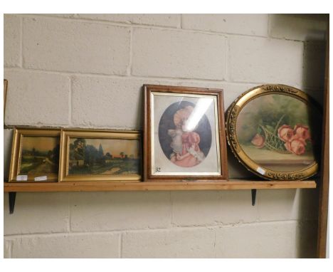 PAIR OF GILT FRAMED PRINTS OF COUNTRY SCENES TOGETHER WITH A FURTHER PORTRAIT PRINT AND A CIRCULAR GILT FRAMED OIL ON BOARD O