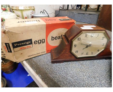 MAHOGANY FRAMED MANTEL CLOCK WITH HEXAGONAL DIAL TOGETHER WITH A FURTHER PRESTIGE EGG BEATER   