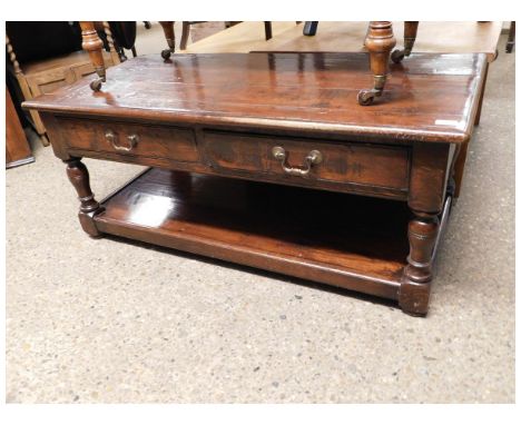 GOOD QUALITY MODERN OAK COFFEE TABLE OF RECTANGULAR FORM WITH FOUR DRAWERS WITH OPEN SHELF AND BRASS SWAN NECK HANDLES   