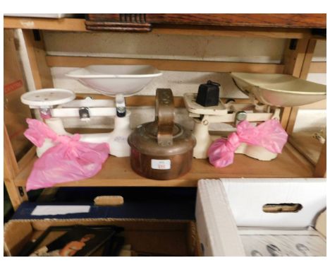 TWO SETS OF SCALES AND WEIGHTS TOGETHER WITH A COPPER KETTLE   