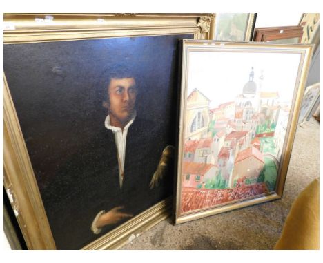LARGE 19TH CENTURY GILT FRAMED PORTRAIT OF A GENT TOGETHER WITH A CONTINENTAL ROOF TOP VIEW   