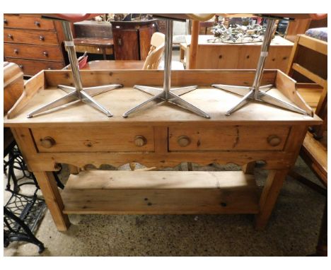 WAXED PINE SIDEBOARD WITH TWO DRAWERS WITH GALLERY BACK WITH OPEN SHELF   