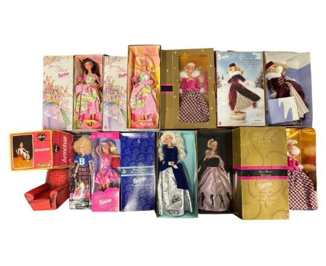 A group of boxed collector's Barbie dolls, together with a boxed vintage Sindy armchair