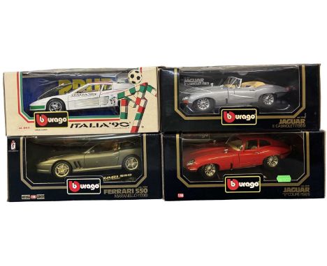Four boxed Bburago 1:18 scale Ferrari / Jaguar models