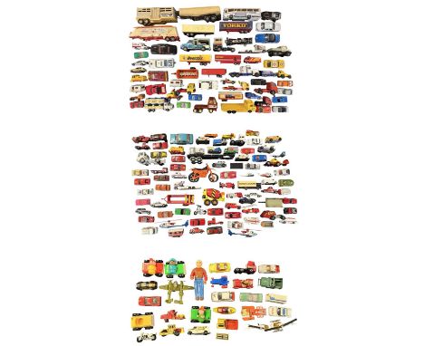 A large collection of various playworn toy cars, including Corgi, Matchbox, Tonka etc
