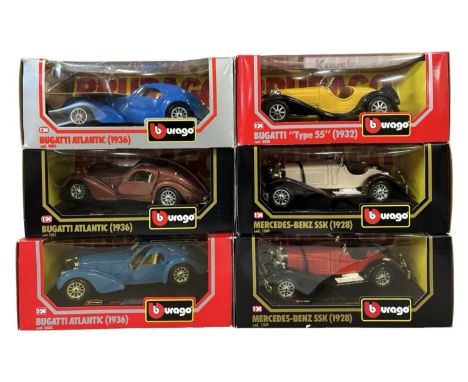 Six boxed 1:24 scale Bburago cars, to include: - 1936 Bugatti Atlantic (x3) - 1932 Bugatti Type 55 - 1928 Mercedes-Benz SSK (