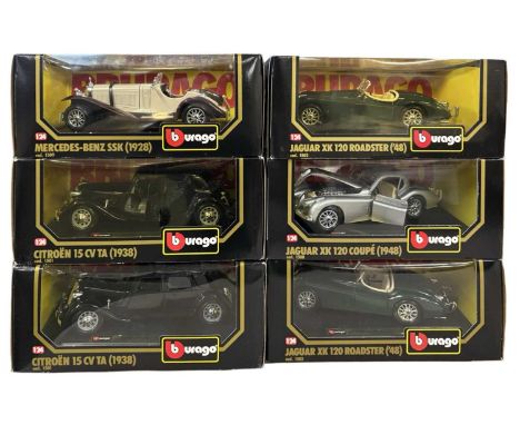 Six boxed 1:24 scale Bburago cars, to include: - 1928 Mercedes Benz SSK - 1938 Citroen 15 CV TA (x2) - 1948 Jaguar XK 120 Roa