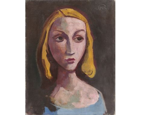 Karl Hofer (Karlsruhe 1878 – 1955 Berlin). „Mädchenkopf frontal“. 1952Öl auf Leinwand. 45&nbsp;×&nbsp;35&nbsp;cm (17&nbsp;¾&n