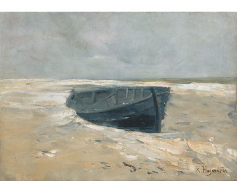 Karl Hagemeister (1848 – Werder a.d. Havel – 1933). „Fischerboot am Strand“. Um 1908Öl auf Leinwand. 68&nbsp;×&nbsp;95&nbsp;c
