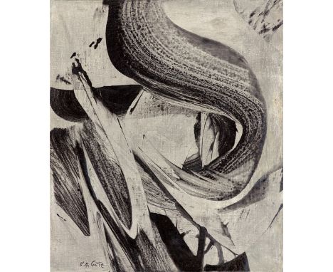 Karl Otto Götz (Aachen 1914 – 2017 Niederbreitbach). „9.X.1956“. 1956Mischtechnik auf Leinwand. 71 × 61 cm (28 × 24 in.). Unt