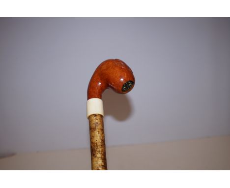 Unusual walking stick, handle made out of a smoker pipe with compass