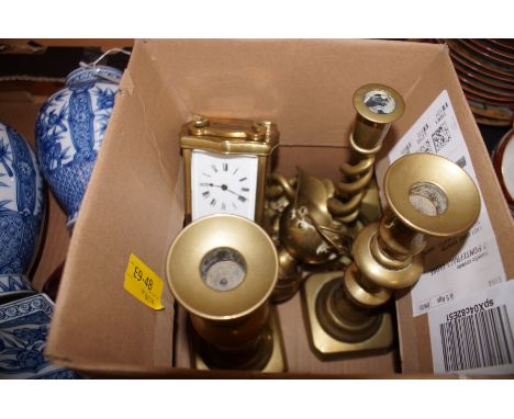 Small box of bras ware to include a good quality carriage clock