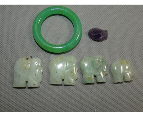 5 Jade elephants, jade teething ring &amp; a small piece of amethyst