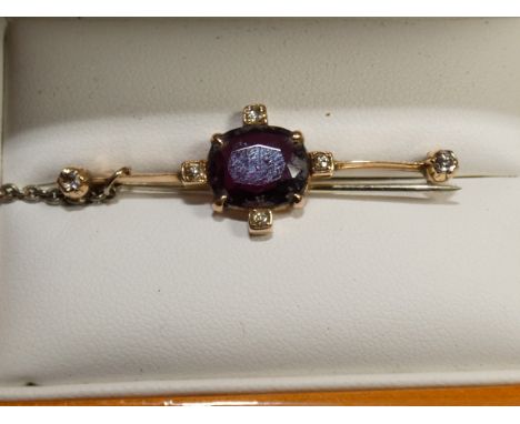 Yellow metal pin brooch set with amethyst &amp; 6 diamonds - safety chain not gold (Stone split)