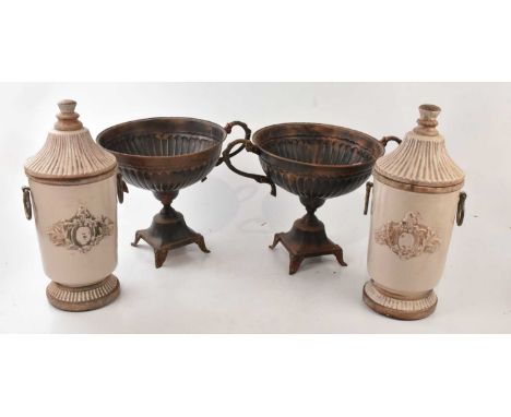 A pair of ceramic lidded vases with swing handles, height 40cm, and a pair of twin handled pedestal urns (4).