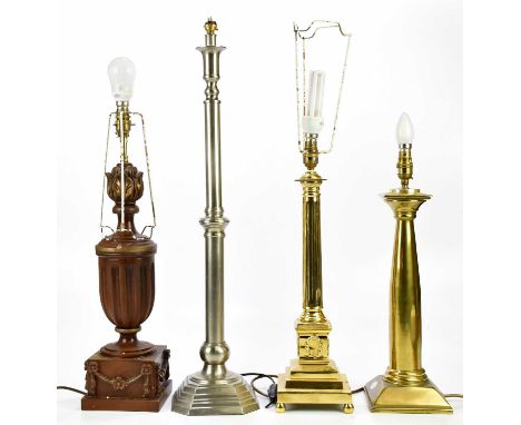 A modern Regency style brass table lamp on ball feet, height 48cm, together with three modern table lamps (4).