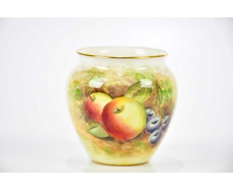DELANEY FOR ROYAL WORCESTER; a hand painted squat vase of short form decorated with fruit, black printed marks and numbered 2