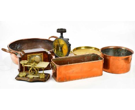 A collection of 19th century and later metalware, including a twin handled copper pan, width 49.5cm, Salter scales, Post Offi