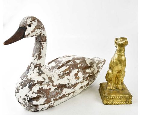 A large modern white painted model of a duck, length 65cm, and a modern gilt ceramic model of a seated dog.Condition Report: 