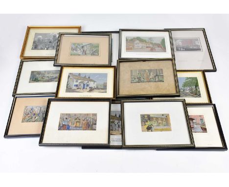 A collection of Macclesfield silk pictures including 'Macclesfield Sunday School', 'Old Macclesfield', 'Prestbury Village', '