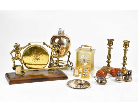 A small collection of collectors' items to include a pair of brass candlesticks, a modern carriage clock, a brass gong, a Map