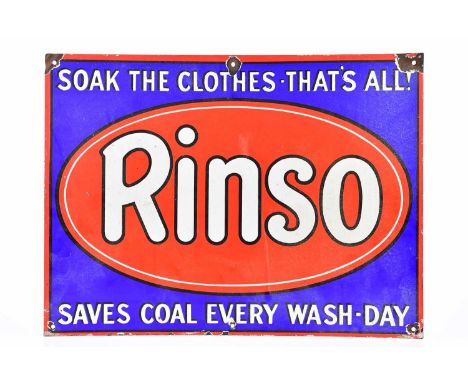 RINSO; a reproduction enamel sign, 'Soak the clothes - that's all. Saves coal every wash - day', 40 x 50cm.