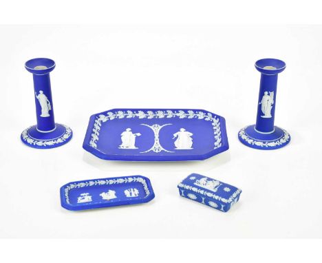 WEDGWOOD; a 19th century dressing table set comprising tray, pair of candlesticks, rectangular trinket box and cover and tray