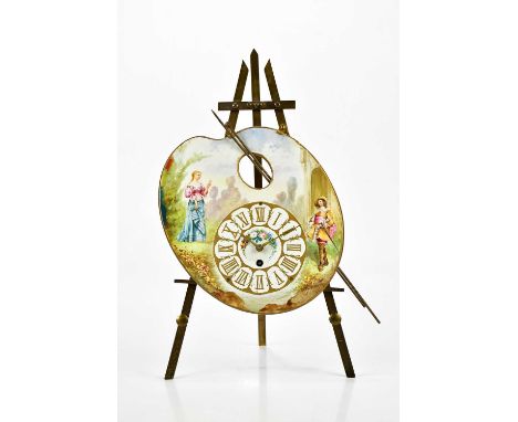 A 19th century French hand painted ceramic and gilt brass easel mantel clock, decorated with a cavalier and maiden in landsca