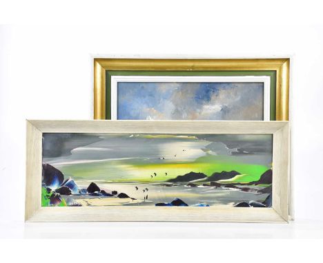 † BILL WILLIAMSON; oil on board, 'Stormy Weather' signed, 30 x 40cm, framed, and George R Deakins, oil on board coastal scene