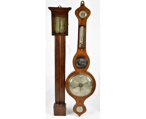 A 19th mahonagy wheel barometer, signed 'Bond Alford', height 95cm, with an early 19th century mahogany stick barometer, lack