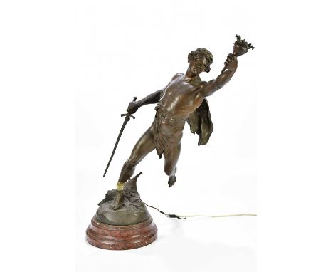 AFTER EMILE LOUIS PICAULT; an early 20th century bronzed metal figural lamp representing a classical figure with sword and to