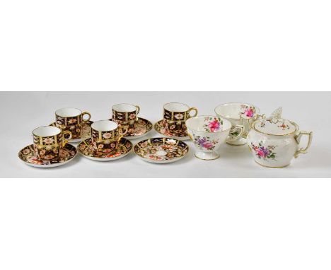 ROYAL CROWN DERBY; a set of five Imari pattern coffee cans together with six saucers, also a pair of tea cups and a sugar bow