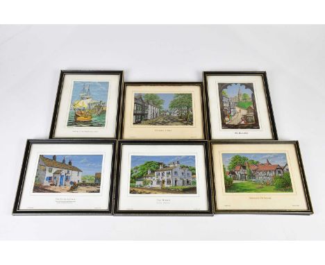 A collection of six Macclesfield silks comprising 'Sailing of the Mayflower, 1620', 'Old Macclesfield', 'The Hanging Gate', '