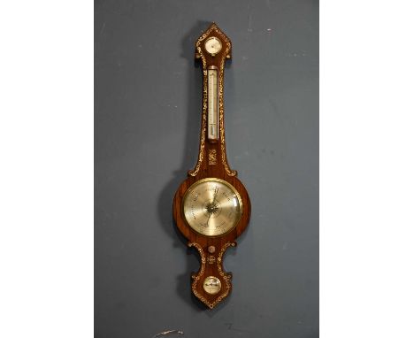 A 19th century rosewood wheel barometer with mother of pearl inlaid decoration and silvered dial, height 103cm.