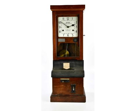 NATIONAL TIME RECORDER; an early 20th century clocking on clock, the dial set with Arabic numerals above a date dial. 