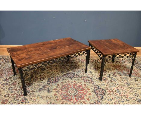 A modern coffee table with hardwood top and black metal base, length 110cm, depth 60cm, height 47cm, and a similar smaller ex