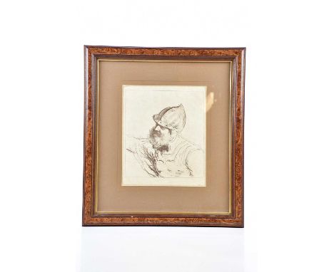 18TH CENTURY CONTINENTAL SCHOOL; sepia ink drawing of a bearded soldier wearing a helmet, 26 x 21cm, framed and glazed.
