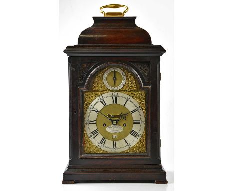 ARTHUR DOBSON, LONDON; an 18th century mahogany cased bracket clock, the brass face with applied scrolling and floral decorat