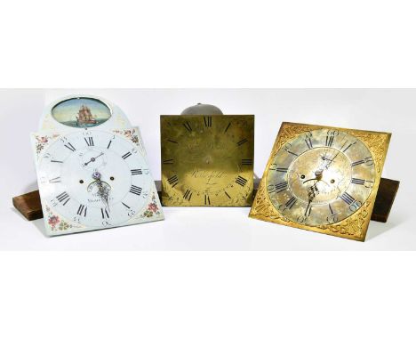 Three longcase clock faces/movements, including a brass example signed John Brooker, Rotherfield, 25.5 x 25.5cm (3)